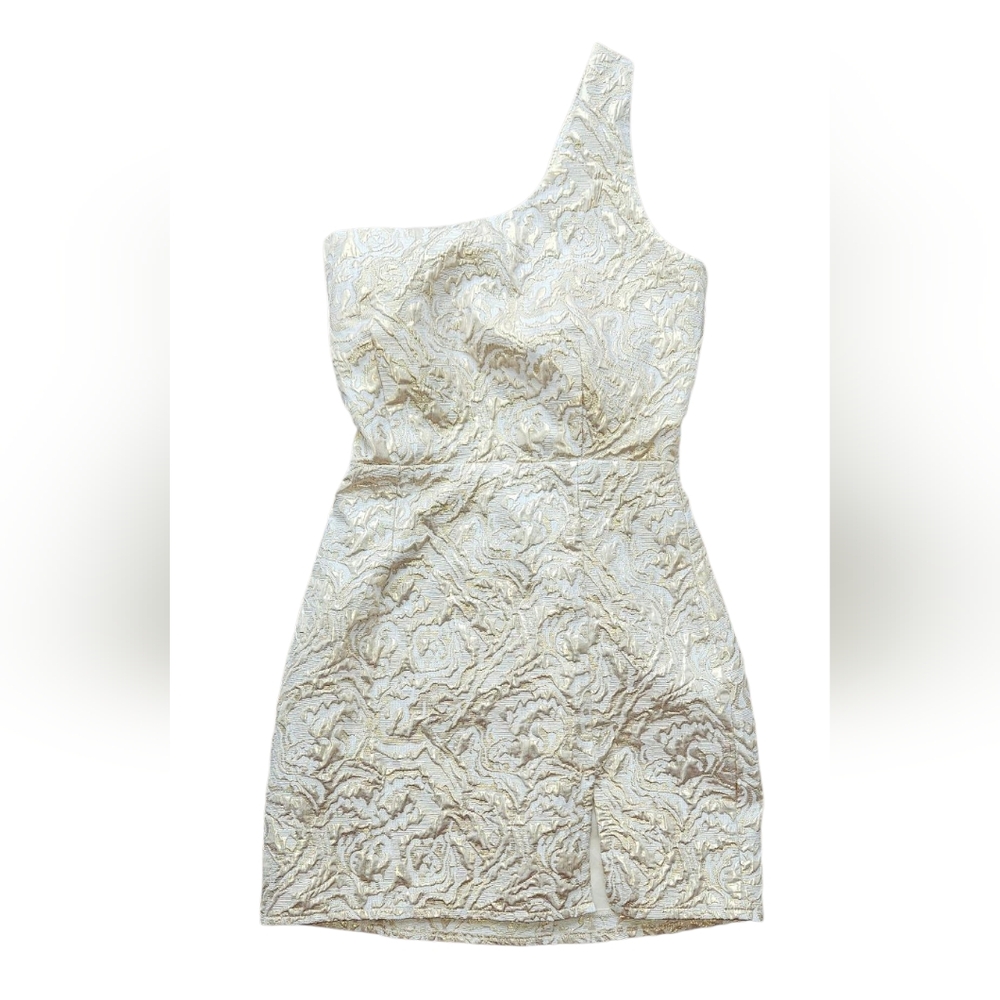 Lucy In The Sky Cream/Gold One-Shoulder Mini Dress Size S